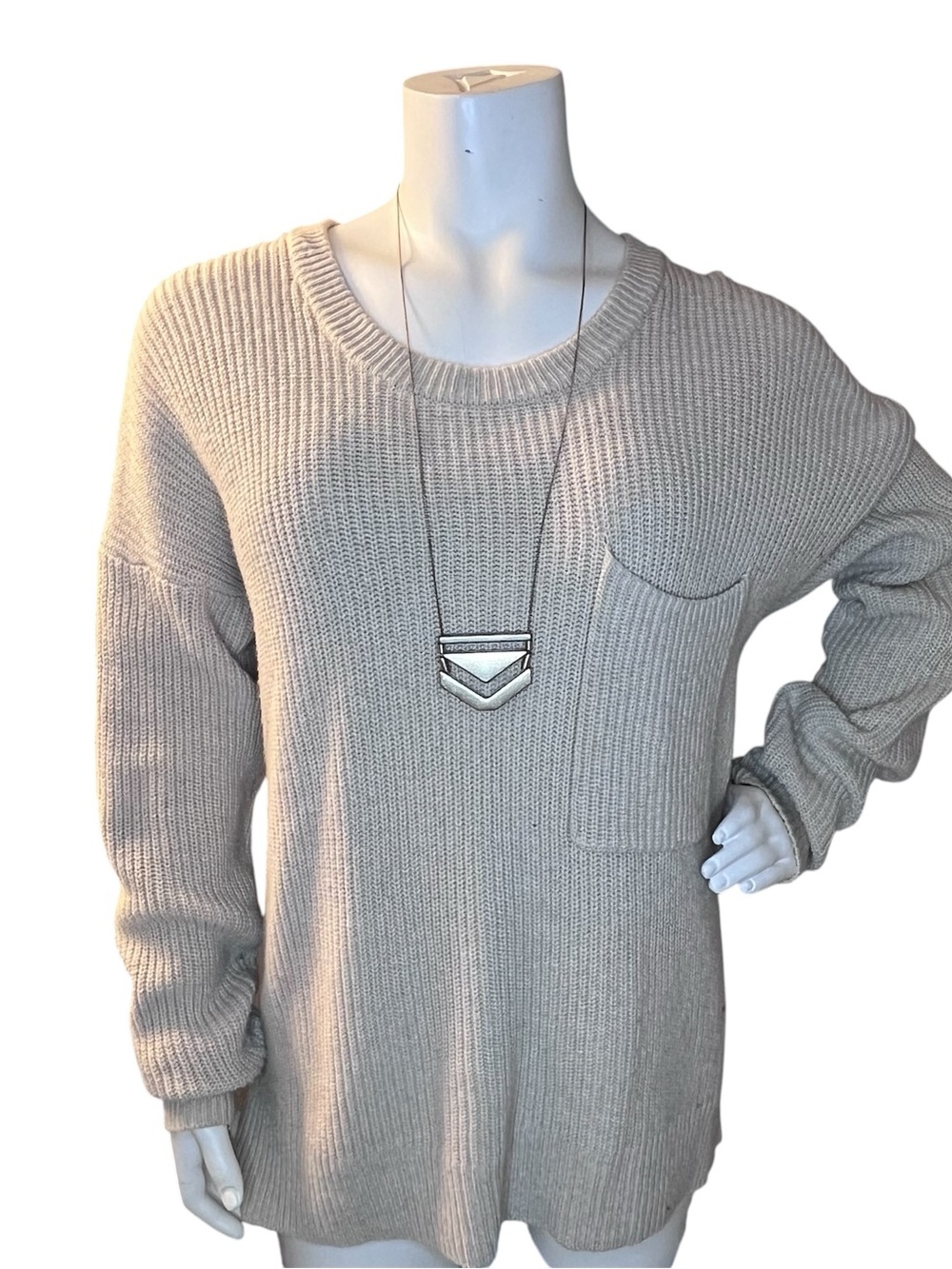 Madewell Neutral Beige Ribbed Thompson Pocket Crew Neck Sweater Minimalist - Picture 2 of 10